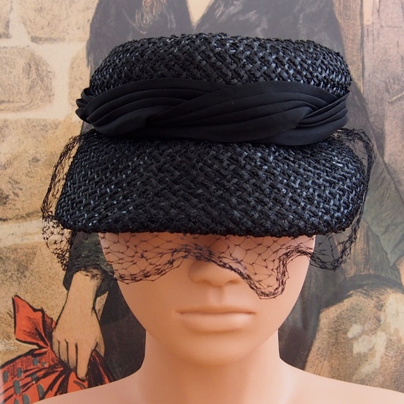 Vintage Accessories - Black Raffia Satin Band Netting Vintage Hat